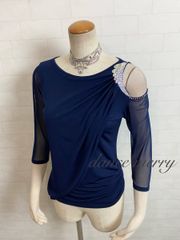 新品　肩出し　社交ダンス　トップス　紺　ネイビー　ラテン　パーティ　1438 新品 社交ダンス トップス 紺 ネイビー 肩出し ラテン キラキラ 1438