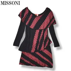 【高級】 イタリア製 ミッソーニ MISSONI アシンメトリー レイヤード デザイン ワンピース ウール混 ニット ワンピース ひざ丈 総柄 長袖 38 ブラック レディース ♪のサムネイル