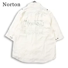 Norton ノートン 襟ワイヤー★ 麻 リネン 七分袖 バック ロゴ刺繍 ワーク シャツ 大きいサイズ Sz.XXL メンズ 白 バイクのサムネイル
