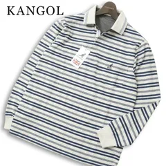 【新品 未使用】 KANGOL カンゴール 通年★ 長袖 鹿の子  ロゴ刺繍 ボーダー コンフォート BD ポロシャツ Sz.L メンズ 灰のサムネイル