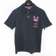 サイコバニー Psycho Bunny ゴルフウェア 半袖 ポロシャツ カットソー S 紺系 ネイビー 日本製 ロゴ プリント 胸ポケット リブのサムネイル