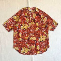 レトロ 花柄 刺繍 半袖シャツ レッド オレンジ 開襟シャツ オリジナル 