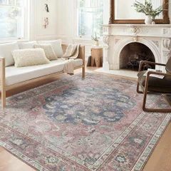 HiChiclife ラグ カーペット ペルシャ風 200x250cm 約3畳 滑り止め ホットカーペット対応 絨毯 洗える ラグマット 軽量 花柄 北欧 リビングマット 室内 耐磨耗性 ダークピンクのサムネイル