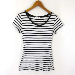 ヒアーズ HERE'S Tシャツ カットソー ボーダー ラウンドネック コットン フレンチスリーブ 半袖 M 白 ホワイト 黒 ブラックのサムネイル