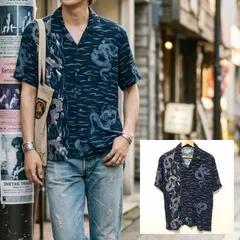 レーヨン素材の滑らかな着心地◎【Jungle Storm】ジャングルストーム 半袖シャツ オープンカラー 開襟 龍 総柄 トップス ストリート アメカジ 古着MIX ネイビー 紺 メンズ サイズM/M49362jYのサムネイル