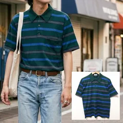 イタリア製◎希少ヴィンテージ◎【HERMES】エルメス 半袖ポロシャツ ボーダー柄 コットン 綿100% トップス 古着MIX レトロ デイリー タウンユース ダークグリーン メンズ サイズM/M49367jYのサムネイル