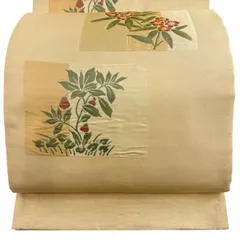 袋帯 名品 木屋太 落款 草花 葉と実 薄オレンジ 六通 正絹 【中古】のサムネイル