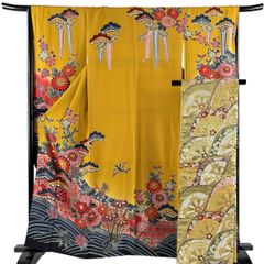 161センチ格式ある振袖帯セット　　正絹 美品】 振袖 身丈161cm 裄丈67cm M 袷 袋帯フルセット 落款 菊 松