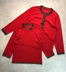 【日本製】Pierre Cardin ピエールカルダン カーディガン レッド Sサイズ 毛100% クルーネック 長袖 ニット 羽織り レディース 赤 ブラウン シンプル カジュアル 上品 ブランド古着 秋冬 春コーデ 中古品のサムネイル