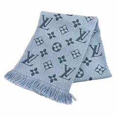 美品★LOUIS VUITTON ルイヴィトン M75702 エシャルプ ロゴマニア ウール シルク混 LVロゴ フリンジ付 マフラー ライトブルー イタリア製のサムネイル