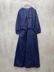 ヴィンテージ 昭和レトロ 古着 刺繍入ジャガードドットワンピース 紺