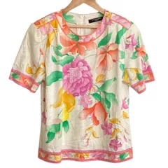 美品 LEONARD FASHION レオナールファッション フラワープリント コットン ショートスリーブ ブラウス カットソー L ホワイト レディース 古着 中古 USEDのサムネイル