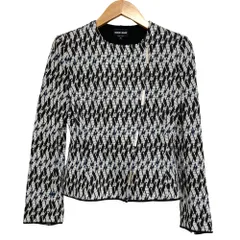美品 GIORGIO ARMANI ジョルジオアルマーニ 総柄ジャガード ニット ノーカラージャケット サイズ38 ブラック×グレー レディース 古着 中古 USEDのサムネイル
