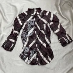 DIESEL　ディーゼル　チェック柄シャツ　フラワー　花プリント　XSサイズ　メンズ　長袖　ワインレッド　チャーム付きのサムネイル