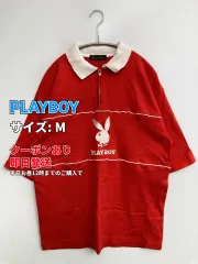 PLAYBOY プレイボーイ ポロシャツ M レッド 前面プリント ブランドロゴ ライン柄 半袖 レディースのサムネイル