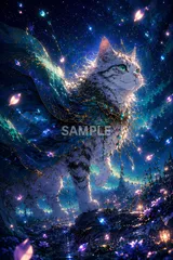 666 幻想猫アート 2Lサイズ ファンタジー イラスト 青銀 猫 インテリアのサムネイル