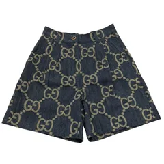 極美品★GUCCI グッチ 678807 コットン100% ロゴボタン レザー使い ジャンボGG 総柄 デニム ショートパンツ インディゴ 38 正規品のサムネイル