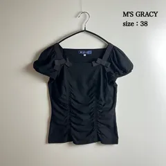 M'S GRACY ribbon shirring tops 38 BLACK YB-625327 エムズグレイシー リボン シャーリングカットソー ストレッチ 美品のサムネイル