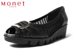 モネ 211613 Monet メッシュパンプス レディースパンプス 3E 幅広 日本製 ウエッジソール 本革 天然皮革 レザー レディース 婦人 靴 ブラック 黒のサムネイル