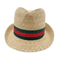 GUCCI グッチ ハット ウェブストライプ 434760 ナチュラル レッド グリーン系 ストロー ユニセックス ストローハット 超美品のサムネイル
