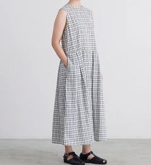 Drawer リネン100% グレー チェック ロングワンピース Drawer リネン100% グレー チェック ロングワンピース | Mercari