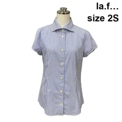 □ ラエフ la.f… シャツ ブラウス ワイドスプレットカラー 半袖 パフスリーブ ストライプ トップス 白青 綿混 2S M 9号 レディース Z6C444のサムネイル