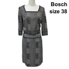 □ ボッシュ Bosch ウエスト切替 ワンピース 七分袖 ひざ丈 スクエアネック 総柄 黒 白 38 M 9号 レディース Z6D091のサムネイル