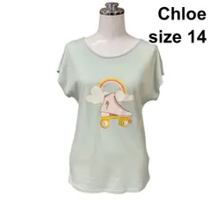 ●□ クロエ Chloe カットソー Tシャツ ボートネック フレンチスリーブ プリント ローラースケート 緑系 綿混 14 S 7号 レディース Z6D575のサムネイル