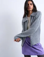 トップショップ レディース アウター カーディガン ニット Topshop knit collar zip ring cardi Gray グレーのサムネイル