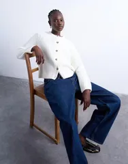 トップショップ レディース アウター カーディガン リブ ニット Topshop knit ribbed crew relaxed button cardigan White ホワイトのサムネイル