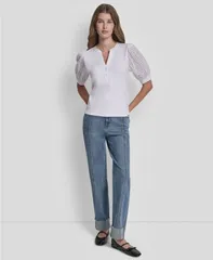 ダナキャランニューヨーク レディース トップス シャツ パフスリーブ DKNY Jeans Womens PuffSleeve Henley Top Clover White ホワイトのサムネイル