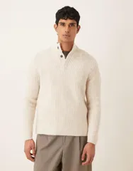 エイソス メンズ アウター ニット・セーター スタンドネック リブ ASOS DESIGN oversized knit ribbed funnel neck sweater in ecru エクリュのサムネイル