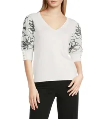 カール ラガーフェルド レディース アウター ニット・セーター Vネック フラワー柄 プリント フラワー KARLAGERFELD PARIS Floral Print VNeck Short Sleのサムネイル