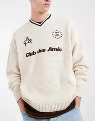 エイソス メンズ アウター ニット・セーター グラフィック ASOS DESIGN oversized knit sweater with Club des Amis graphic in ecruのサムネイル