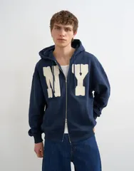 トップマン メンズ アウター パーカー・スウェット Topman boxy fit hoodie with front NY chenille patch NAVY ネイビーのサムネイル