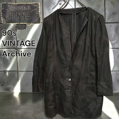 90s SST-ZAN DONNA VINTAGE Archive 薄手 リネン 100% シャツ厚 ジャケット 地模様 ジャガード カラーレス ノーカラー カーディガン 羽織り 肩パッド 小顔効果 美シルエット 黒 ブラック Mサイズ相当のサムネイル