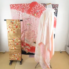 振袖 正絹 3点セット【着物 長襦袢 袋帯】ピンク色ｘ赤色ｘ黒色 扇子に桜文様 箔入り ぼかし 仕立て上がり 成人式 身丈159cmのサムネイル