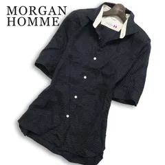 MORGAN HOMME モルガン オム 春夏★ 麻 フレンチリネン 五分袖 ドット スリム ボタンダウン シャツ 日本製 Sz.L メンズ 黒のサムネイル