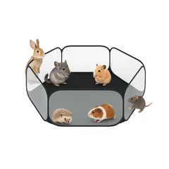 ペットサークル 小動物フェンス プレイサークル 遊び用のサークル 飼育サークル ペット ゲージ メッシュ 折りたたみ 開け収納便利で簡単で素早く 軽量 うさぎ ハリネズミなど小動物用 通気性 室外/室内 六角形 収納袋付き 120cm×38cm (ブラック)のサムネイル