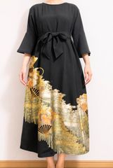 黒留袖 リメイク ワンピース 扇面 牡丹 金彩 - メルカリ