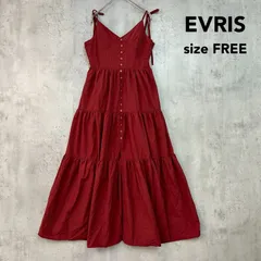 EVRIS エヴリス F レッド バックオープン キャミワンピース ティアード ロング丈 マキシ フロントボタン 前ボタン 背中あき 肩リボン ギャザー 切替 Aライン フレア ナイロン コットン混 372440300901-01 ★ ■◆のサムネイル