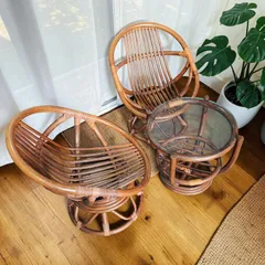 【引取可】 籐 スウィベルチェア Swivel Chair ラタン Rattan 卵型 エッグチェア 2脚 ガラステーブル3点セット 定価68000円 レトロ アジアン家具 回転椅子 ヴィンテージのサムネイル