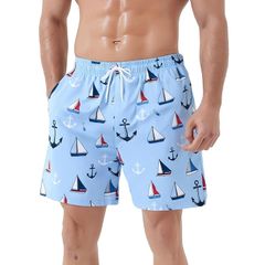 [U-Trend] Men's Surf Shorts Swimwear, Amphibious, with Inner Lining, Hawaiian Style, Men's Swimwear, Resort Swim Trunks, Travel, Summer Vacation, Size M, Sailing Ship Pattern VN 0
