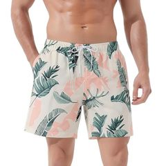 [U-Trend] Men's Surf Shorts Swimwear, Amphibious, with Inner Lining, Beach Trunks, Hawaii, Resort Swimwear, Travel Shorts, Summer Vacation, XL, Banyan Leaf Pattern, 0