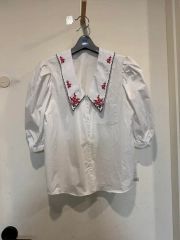 70s 80s 花柄刺繍 レース パフスリーブ 半袖 シャツ ブラウス N665 
