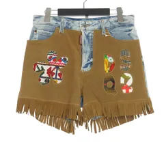 ディースクエアード DSQUARED2 22AW レザーパッチ フリンジ デニムショートパンツ ショーツ 40 インディゴ/ブラウン S75MU0422 国内正規のサムネイル