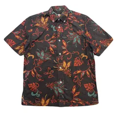 MANGO Okinawa original かりゆしウェア 半袖 メンズ M チャコールグレー 墨黒 総柄 ボタニカル ハイビスカス リゾート クールビズ アロハシャツ のサムネイル