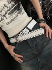 액세서리 여성 벨트 1 개 여성 화이트 가짜 가죽 펑크 스타일 더블 로우 리벳 장식 벨트, 다용도 허리 밴드