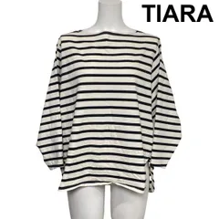 ◆ ティアラ TIARA 長袖カットソー Tシャツ ボートネック ボーダー柄 サイドスリット バックロング 白 黒 綿100 L 11号 レディース S6H675のサムネイル