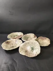 F30-03/伊賀焼/新歓嗣 造/伊賀灰ビロード釉三ッ足叩き変形皿 5客/骨董/向付/小鉢/銘々皿/飾皿/和食器/洋食器/懐石料理/懐石道具/民芸/作家物/人気作家のサムネイル